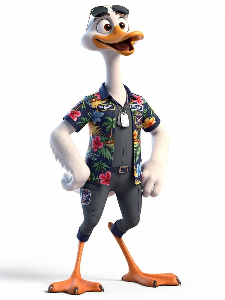 Goose standing full length in a floral shirt over flight coveralls, dog tags, aviators pushed up on his head, orange webbed feet.