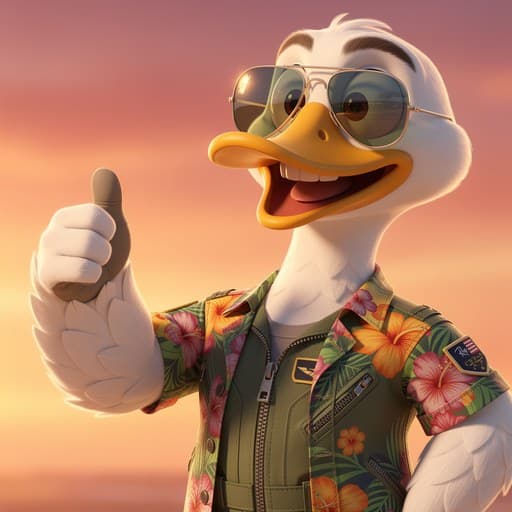 A close portrait of Goose in aviator sunglasses and a floral flight jacket, giving a thumbs up against an orange sunset sky.