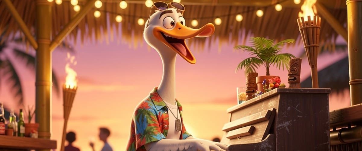 Goose, a cartoon goose in a floral shirt and dog tags, playing an upright piano at a tiki bar at sunset, with torches lit behind him.