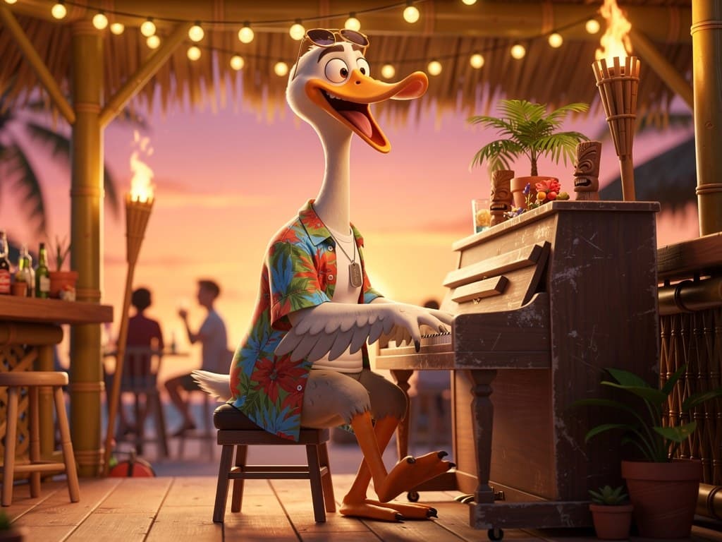 Goose, a cartoon goose in a floral shirt, dog tags and sunglasses pushed up on his head, playing an upright piano at a tiki bar at sunset.