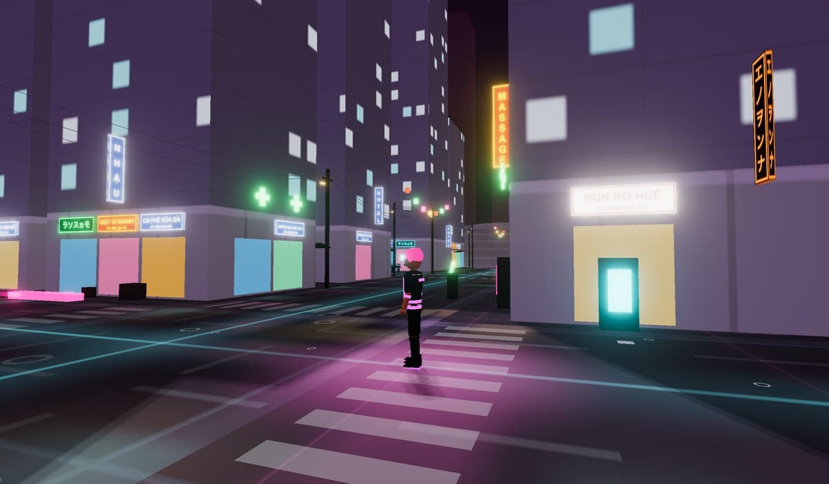 A neon crossing lined with shopfronts whose signs read BÚN BÒ HUẾ, NHẬU, GIẶT ỦI NHANH and CÀ PHÊ SỮA ĐÁ, with a runner standing on the zebra stripes.