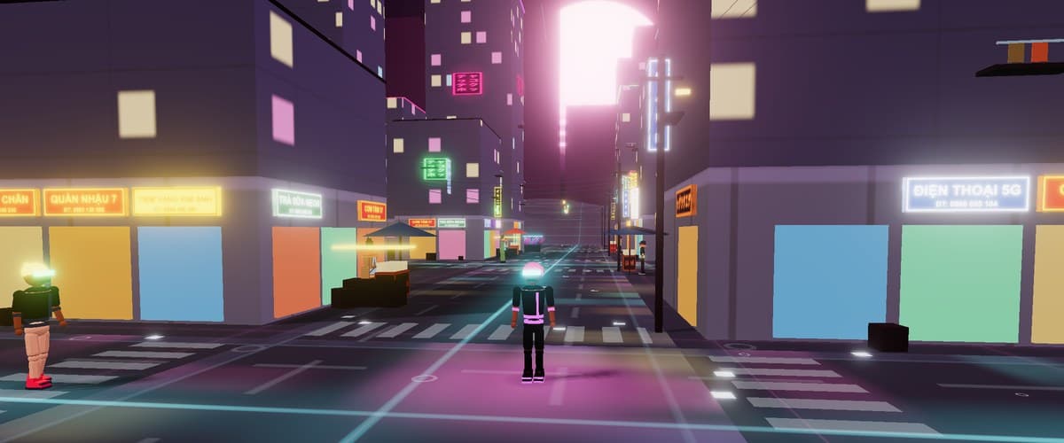 A rain-slick neon street in NEON MIDNIGHT. Shopfronts glow with signs in Vietnamese, a runner in a lit visor stands on the crossing, and a pink hologram sun burns at the end of the block.