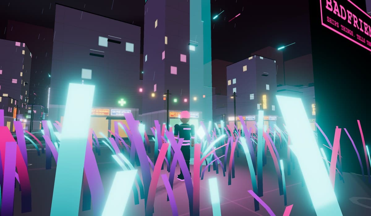 Standing inside a field of glowing pink and cyan neon reeds taller than the character, in the middle of a city block at night.