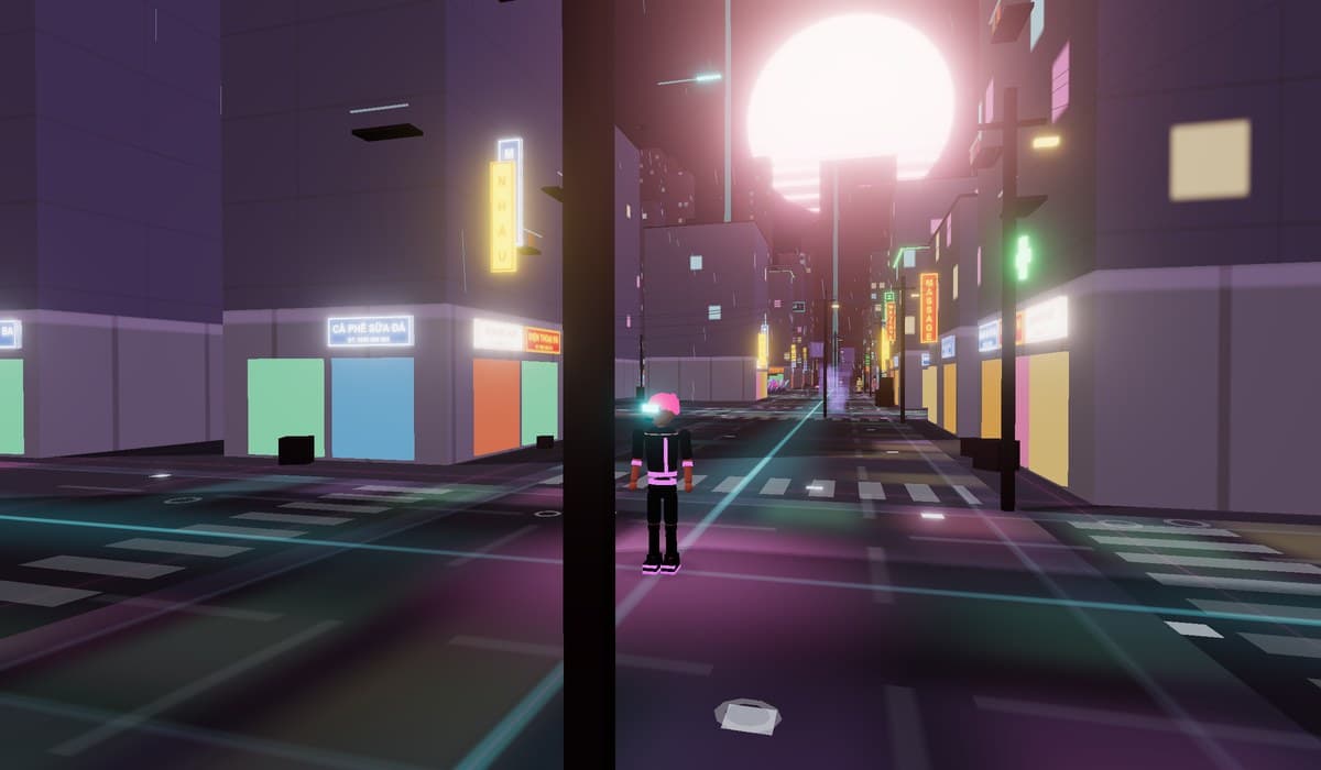 A wide neon street at night with a huge pale hologram sun sitting low between the buildings at the end of it.