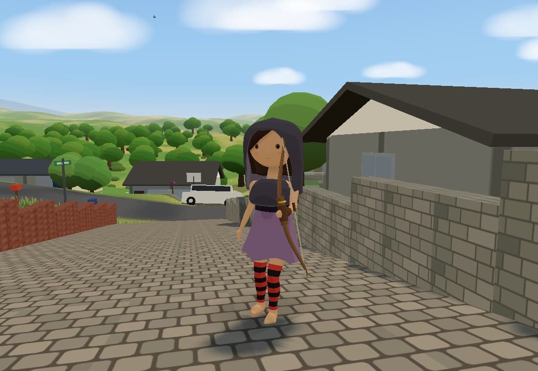 Ink standing on a paved driveway in daylight, hood up, purple dress and striped socks, holding a wooden bow.