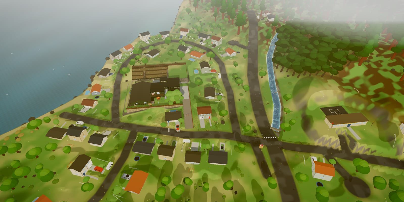 An aerial view of the game's world: a green hillside neighbourhood above the ocean, with roads, a creek, a school and a dark forest at the edge.