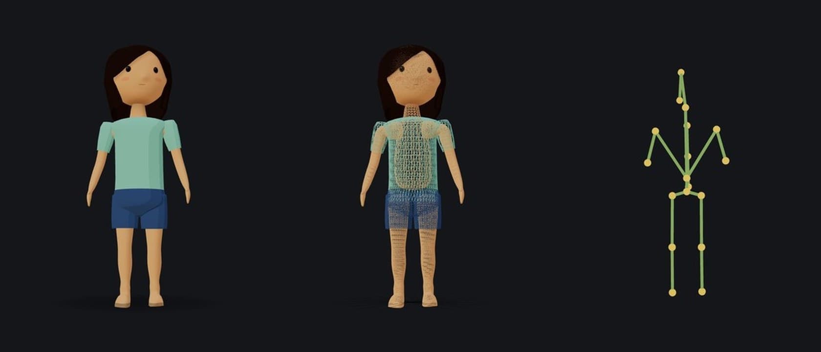 The same character three times on a dark ground: finished and shaded, then as a wireframe mesh, then as her bare skeleton of green bones and yellow joints.