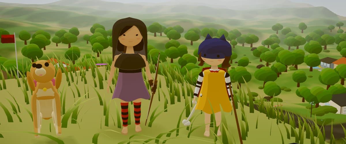 Two sisters and a golden retriever standing on a green hillside in SUPER & ARCHER. One wears a purple dress and striped socks and carries a bow; the other wears a yellow cape and a blue mask.