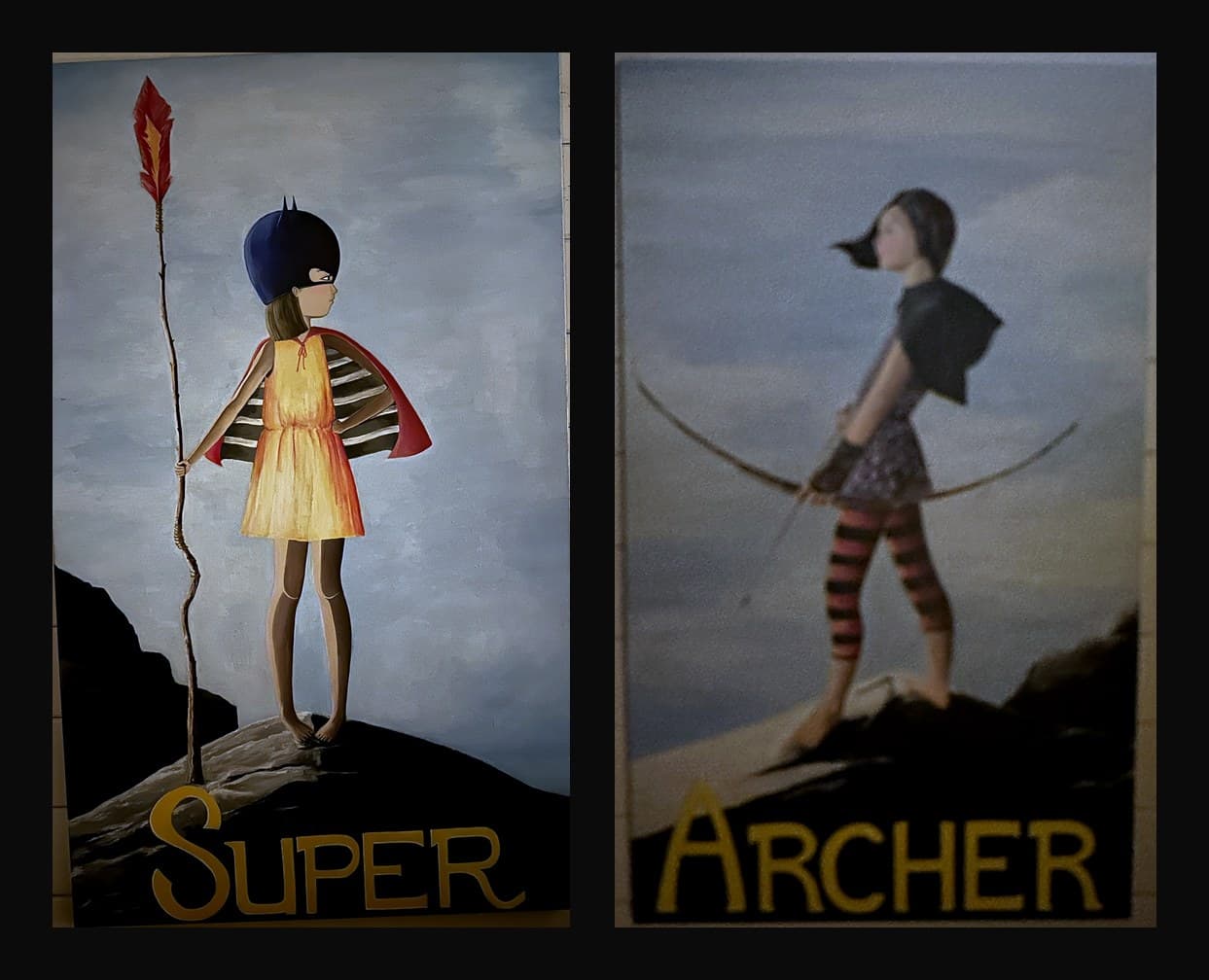 Photographs of two of Alyx's paintings hanging on a wall. Left, titled SUPER: a girl in a navy pointed helmet-mask, marigold dress and red cape, holding a tall crooked stick with a red feather. Right, titled ARCHER: a girl with a windswept bob and a black capelet, in red-and-black striped tights, holding a big recurve bow.